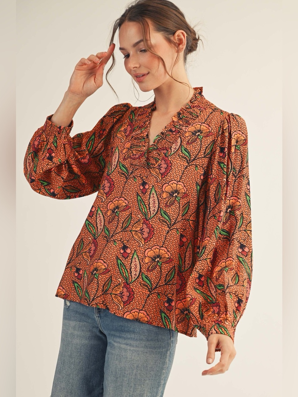 #300 JODIFL Rust Floral Ruffle V-Neck Blouse